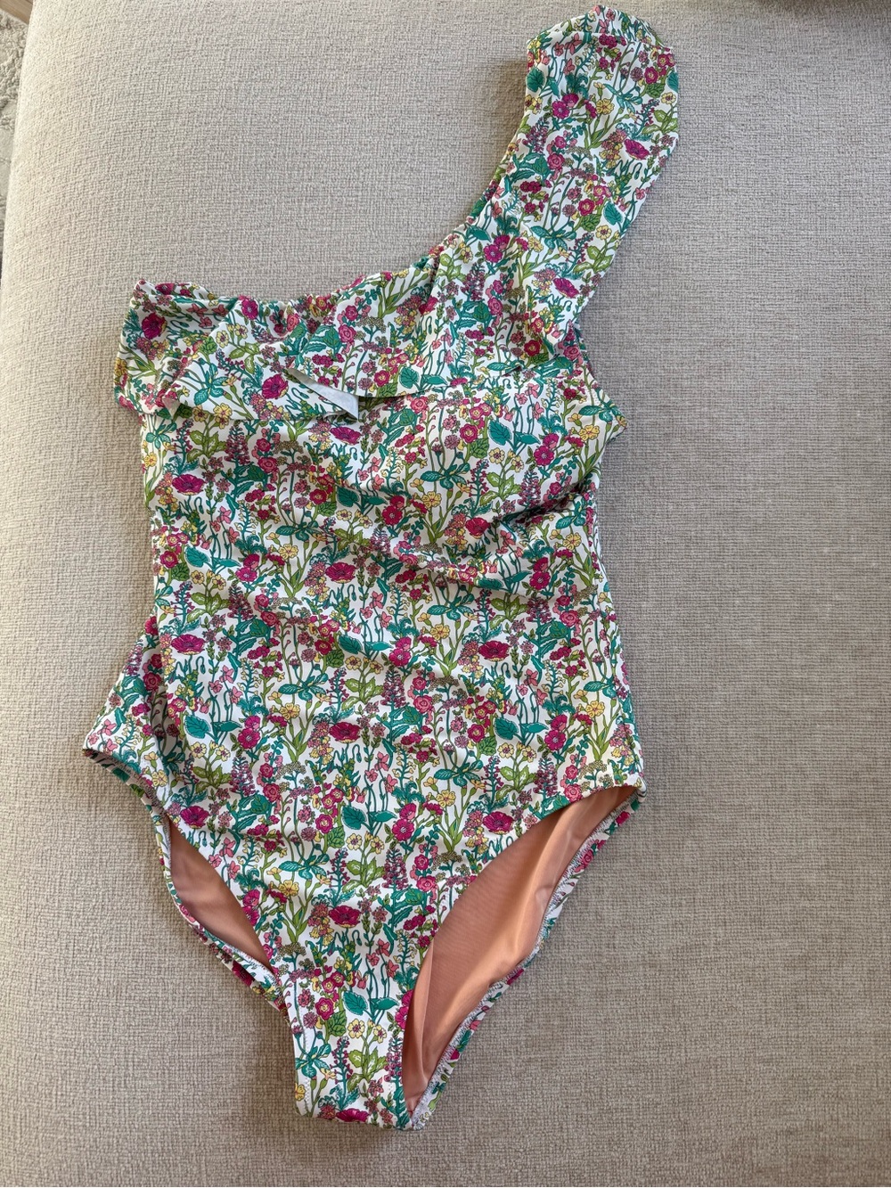 J. Crew Liberty Floral One-Shoulder Swimsuit in White, Pink & Green